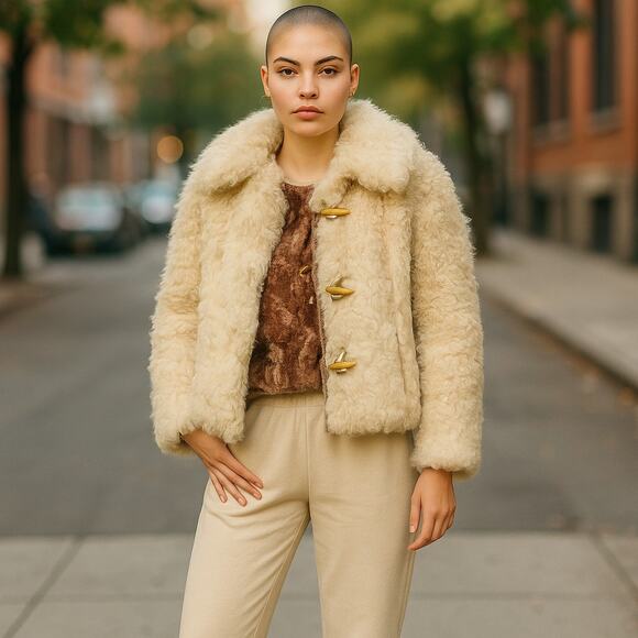 Vintage Jackets & Blazers - Vintage Tibor Fur Curly Lamb Suede Leather Trim Jacket Cream Womens Small 70s